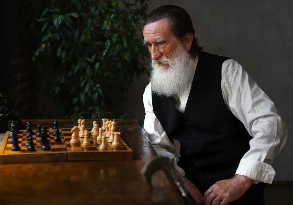 A white-bearded man seated in front of a chess set, representing the chess medal category.